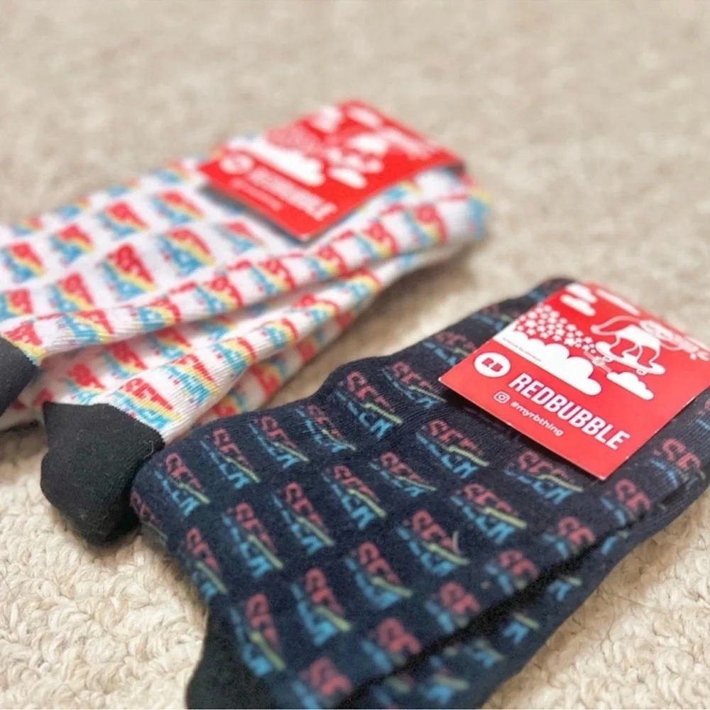 3/$19 NWT Bundle of 2 pair Yes Theory Seek Discomfort all over logo crew socks
